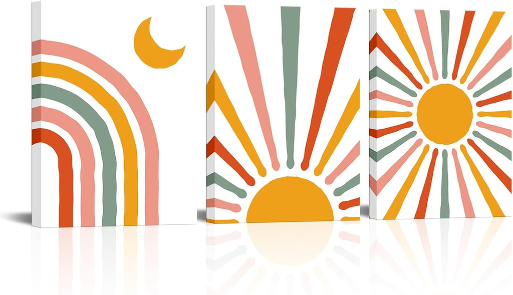 LyeArtork 3 Piece Minimalist Boho Canvas Wall Art Mid Century Modern Wall Decor Colorful Neon Geometric Sun Moon Artwork Prints Paintings for Living Room Bedroom Office Home Decor 12"x16"x3pcs