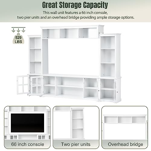 Modern 104" TV Stand with Storage Cabinets and Shelves, White M810