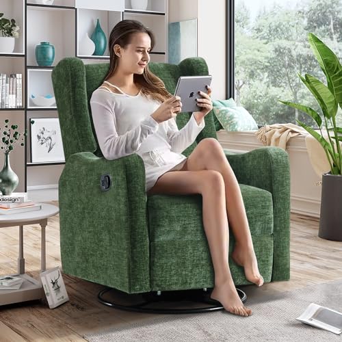 360° Swivel Glider Recliner Chenille Upholstered Wingback Accent Chair Green B93757