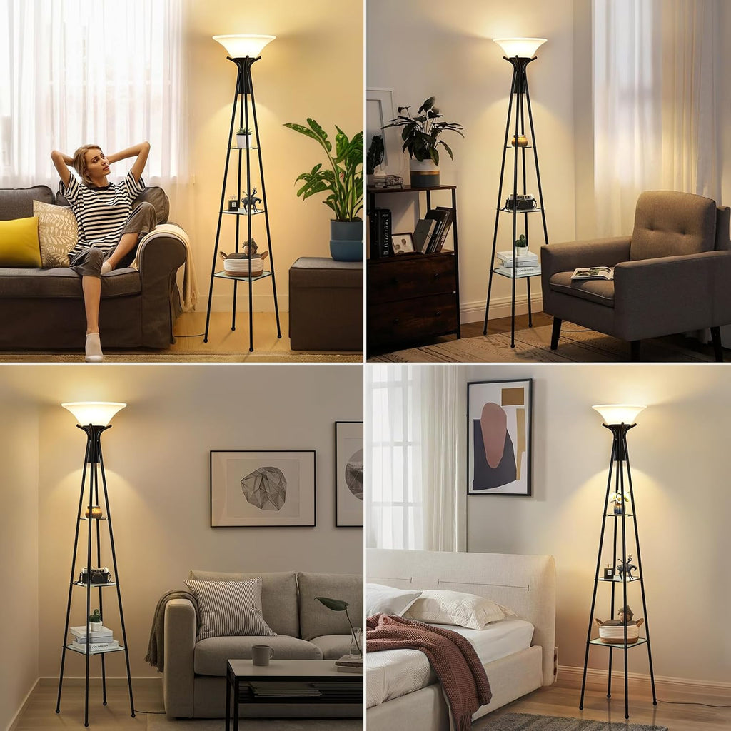 Luvkczc Floor Lamp with Shelves, 69" Tall, 3-Tier Glass Shelves, Black Y511