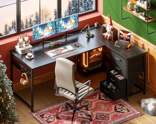 AODK L Shaped Gaming Desk with 4 Drawers, Power Outlets, Black P81263