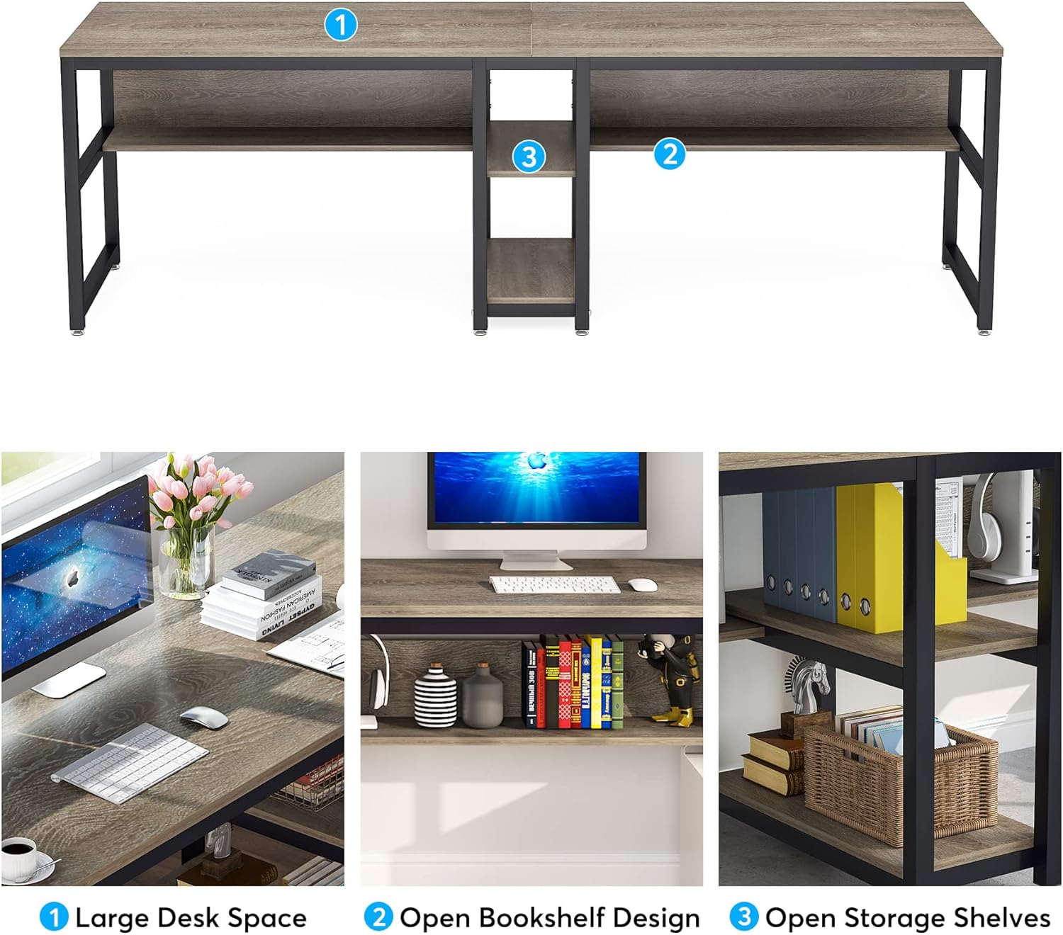 78.7" Two Person Desk with Bookshelf, Industrial Office Workstation W856