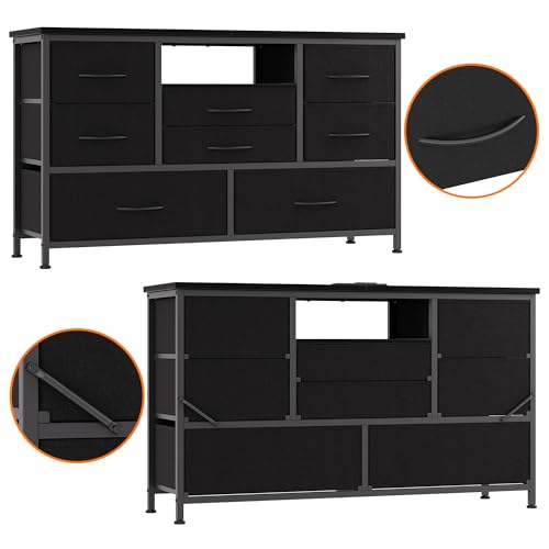 Dresser TV Stand with Power Outlet & LED for 55'' TV, 8 Drawers, Wood Top P3503
