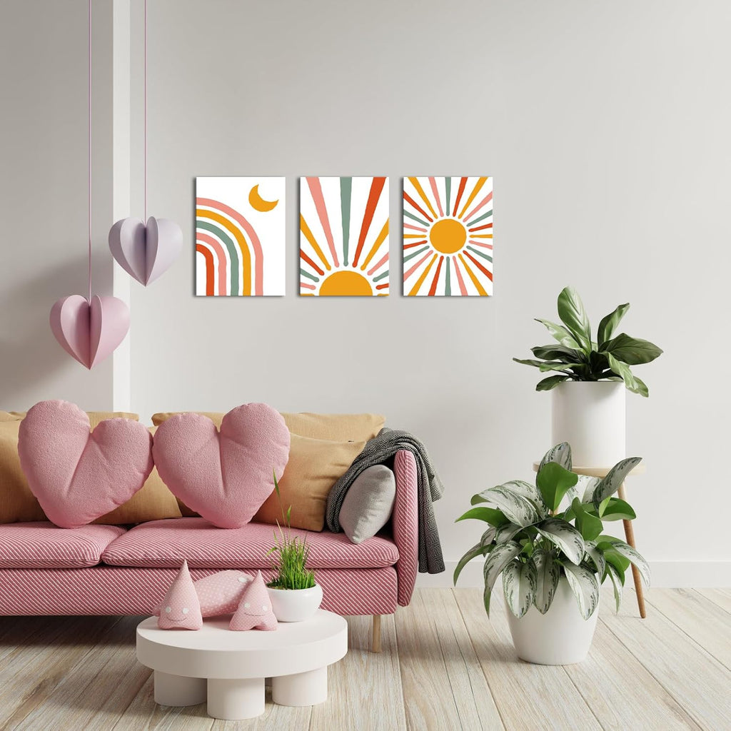 LyeArtork 3 Piece Boho Canvas Wall Art Neon Geometric Sun Moon Prints 12"x16" G140603