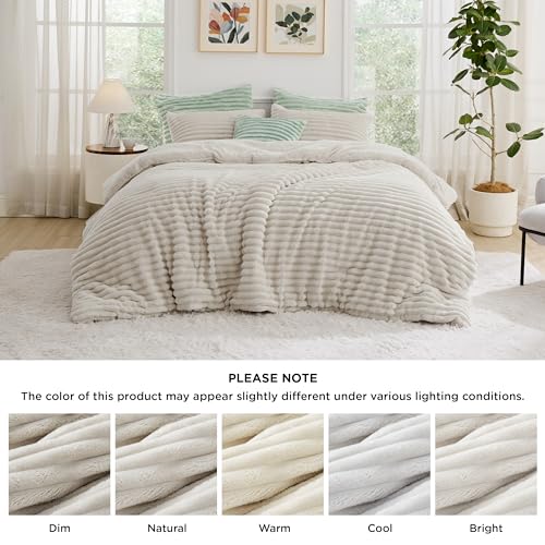 Bedsure Fluffy Faux Fur Comforter Set King Cream White, 3 Pieces R124