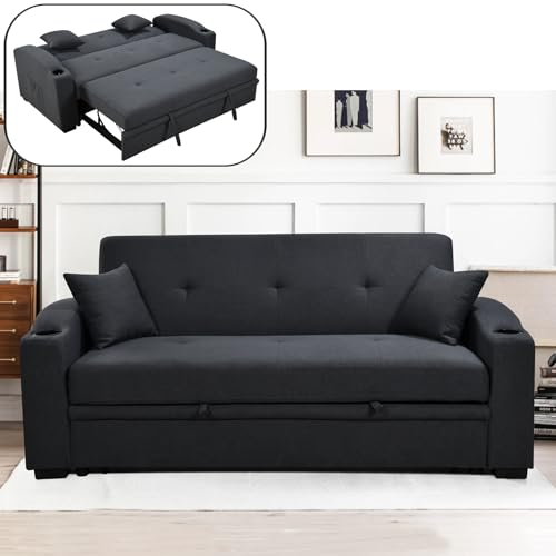 Queen Size Sofa Bed, 3 in 1 Convertible Sleeper Sofa with Pull Out Bed and Backrest Pillows, Pinstripe Corduroy Loveseat Couch for Living Room Apartment, No.1-Beige