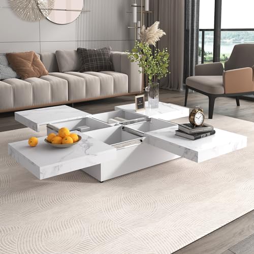 Square Coffee Table 39.4" Marble Veneer Sliding Top with Storage Z7756