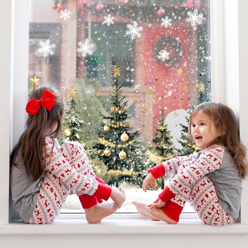 Whaline 9 Sheet Christmas Window Clings Snowy Forest Trees Reusable Window Decals H27510