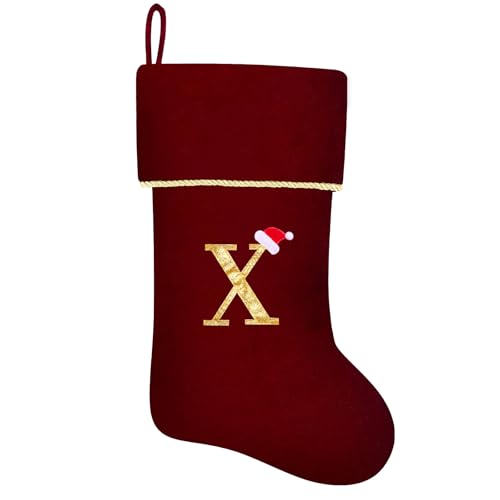 20 Inches Initial Monogram Blue Velvet Christmas Stocking with Gold Trim U394