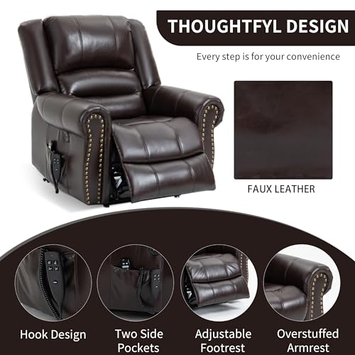 Dual Motor Power Lift Recliner Chair with Massage and Heat, Faux Leather, Brown V8458