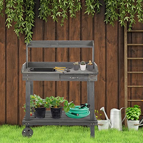 Outsunny 36" Wooden Potting Bench Work Table with Sink and Storage, Brown O683