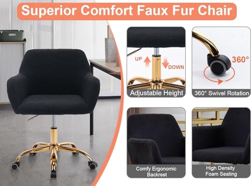 Yoluckea Faux Fur Desk Chair with Wheels, Adjustable Swivel Vanity Chair, White B978800
