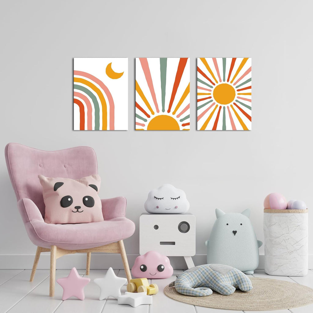 LyeArtork 3 Piece Boho Canvas Wall Art Neon Geometric Sun Moon Prints 12"x16" G140603