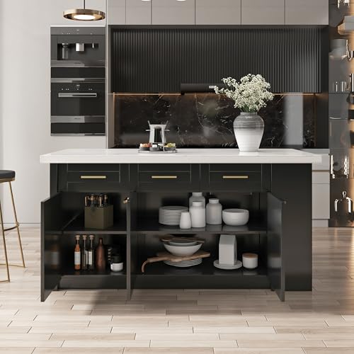 homary 72" Kitchen Island with Storage, White Dining Table with Seating & 3 Drawers H6352