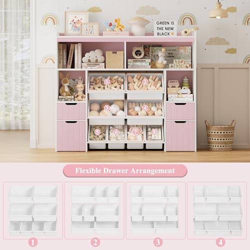 HORSTORS 55" W Toy Storage Organizer with Drawers and Removable Bins, Pink I970901
