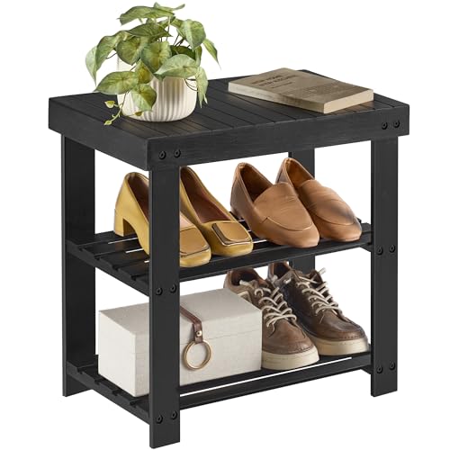SONGMICS 3-Tier Bamboo Shoe Rack Bench, Entryway Storage, Ink Black X802