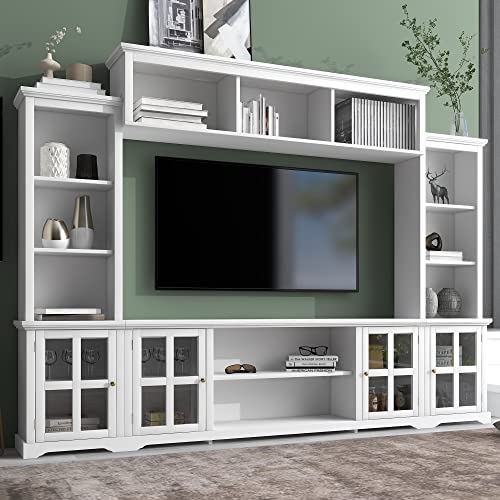 Modern 104" TV Stand with Storage Cabinets and Shelves, White M810