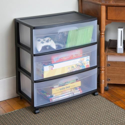 3-Drawer Wide Storage Cart – Black & Clear, Rolling Organizer G763474