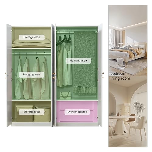 Wooden Armoire Wardrobe Closet Cabinet, 4 Door 2 Drawers, White, 63" L x 20.3" W x 72" H A546555