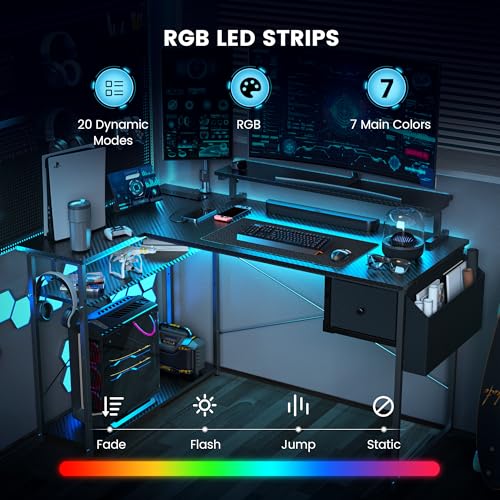 L Shaped Gaming Desk 47 Inch with RGB Lights and Power Outlet I989438