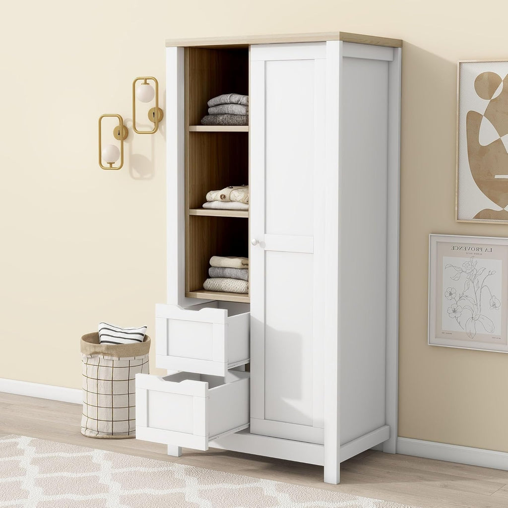 Armoire Wardrobe 1 Sliding Door and 2 Drawers, Clothes Cabinet with Hanging Rod, Freestanding Wooden Closets Organization for Bedroom, 31.4″x20.6″x68.3″, White