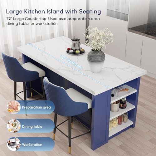 homary 72" Kitchen Island with Storage, White Dining Table with Seating & 3 Drawers H6352