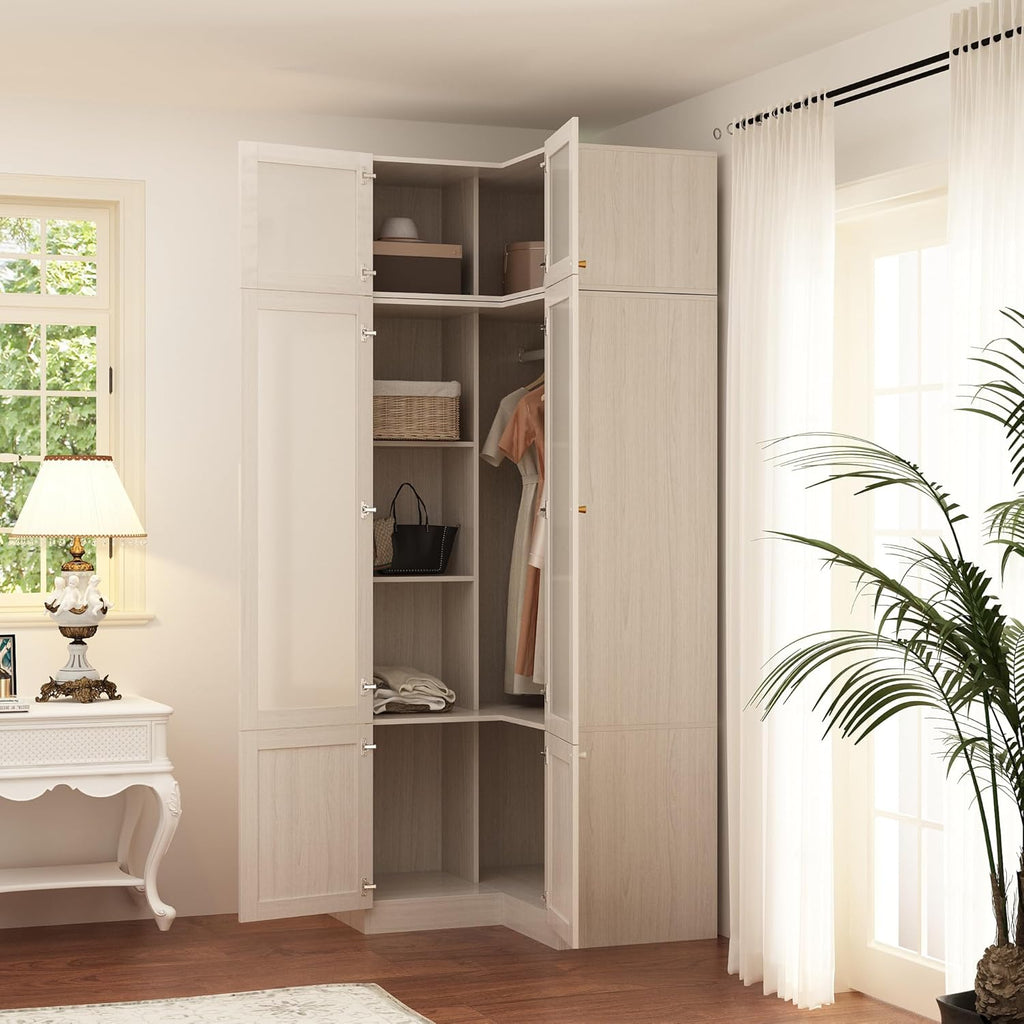 Homsee L-Shape Armoire Wardrobe Closet with Frosted Glass Doors, Hanging Bar & Shelves, Wooden Closet Storage Cabinet with Top Cabinet for Bedroom, Warm Grey (35.4”L x 35.4”W x 86.6”H)