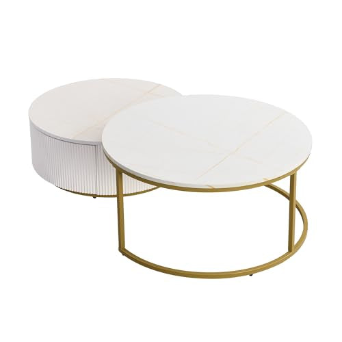 Round Nesting Coffee Table Set of 2 with Drawers, Gold Frame M124578
