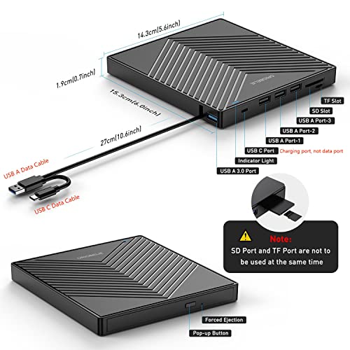 External CD DVD Drive for Laptop, USB 3.0 Type-C, Slim Portable Burner T70166