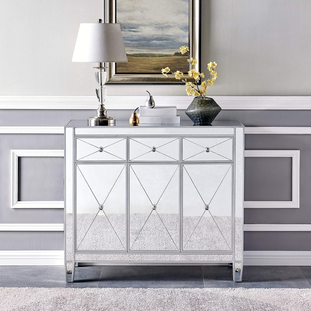SEI FURNITURE Mirage Cabinet, Mirrored with Matte Silver Trim T84358