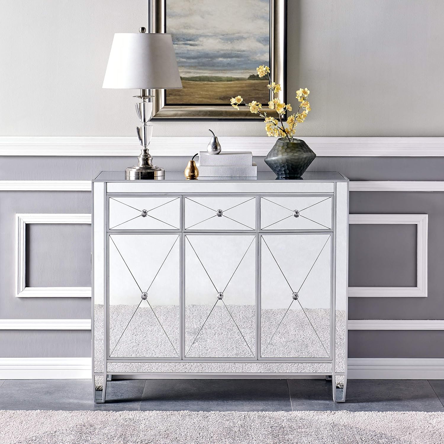 SEI FURNITURE Mirage Cabinet, Mirrored with Matte Silver Trim T84358