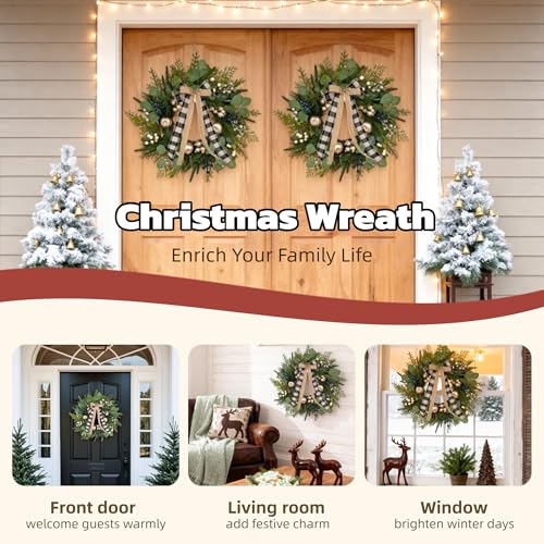 24 Inch Christmas Wreath for Front Door with Storage Bag, Gold Apple & Blue/White Berry, Buffalo Plaid Bow O585