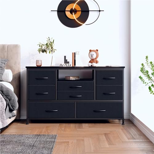 Dresser TV Stand with Power Outlet & LED for 55'' TV, 8 Drawers, Wood Top P3503