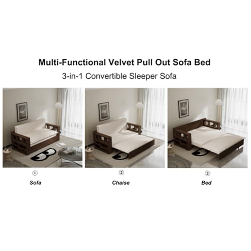 3 in 1 Convertible Sleeper Sofa Bed Loveseat with Pull Out Bed, Velvet, Beige X129463