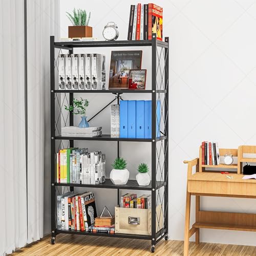 4-Tier Foldable Storage Shelf with Wheels, Metal Rolling Cart, Black J204857