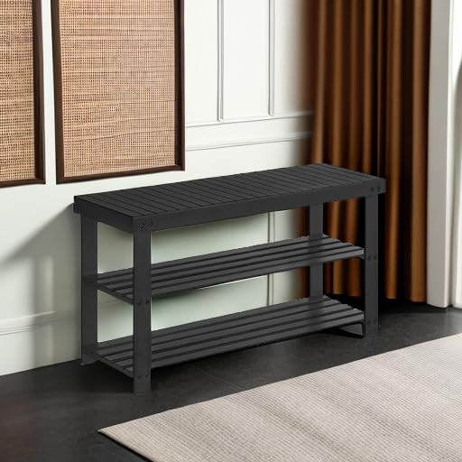 SONGMICS 3-Tier Bamboo Shoe Rack Bench, Entryway Storage, Ink Black X802