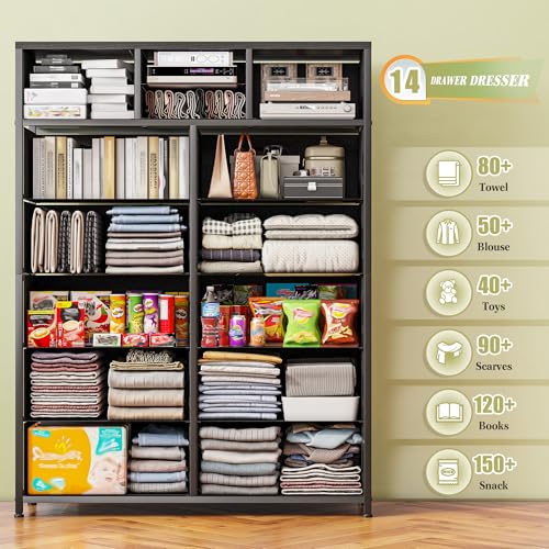 EnHomee Pink Tall Dresser with 14 Drawers, Metal Frame and Wooden Top Y156483