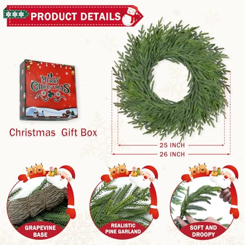 26 Inch Christmas Wreath with Red Berry Artificial Pine Cedar Front Door Decor D349135