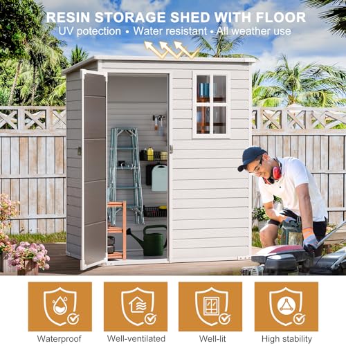 Outdoor Resin Storage Shed with Floor, 5x3 FT, Waterproof, Lockable Door, Gray H391