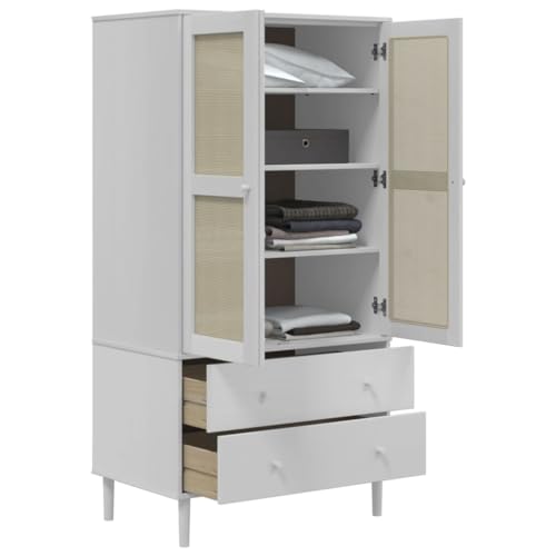 vidaXL Solid Pine Wood Wardrobe White Rattan Look U2650