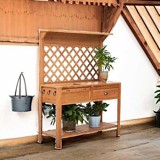 Outsunny Garden Potting Bench Outdoor Wooden Workstation Table with Storage Shelf E755029