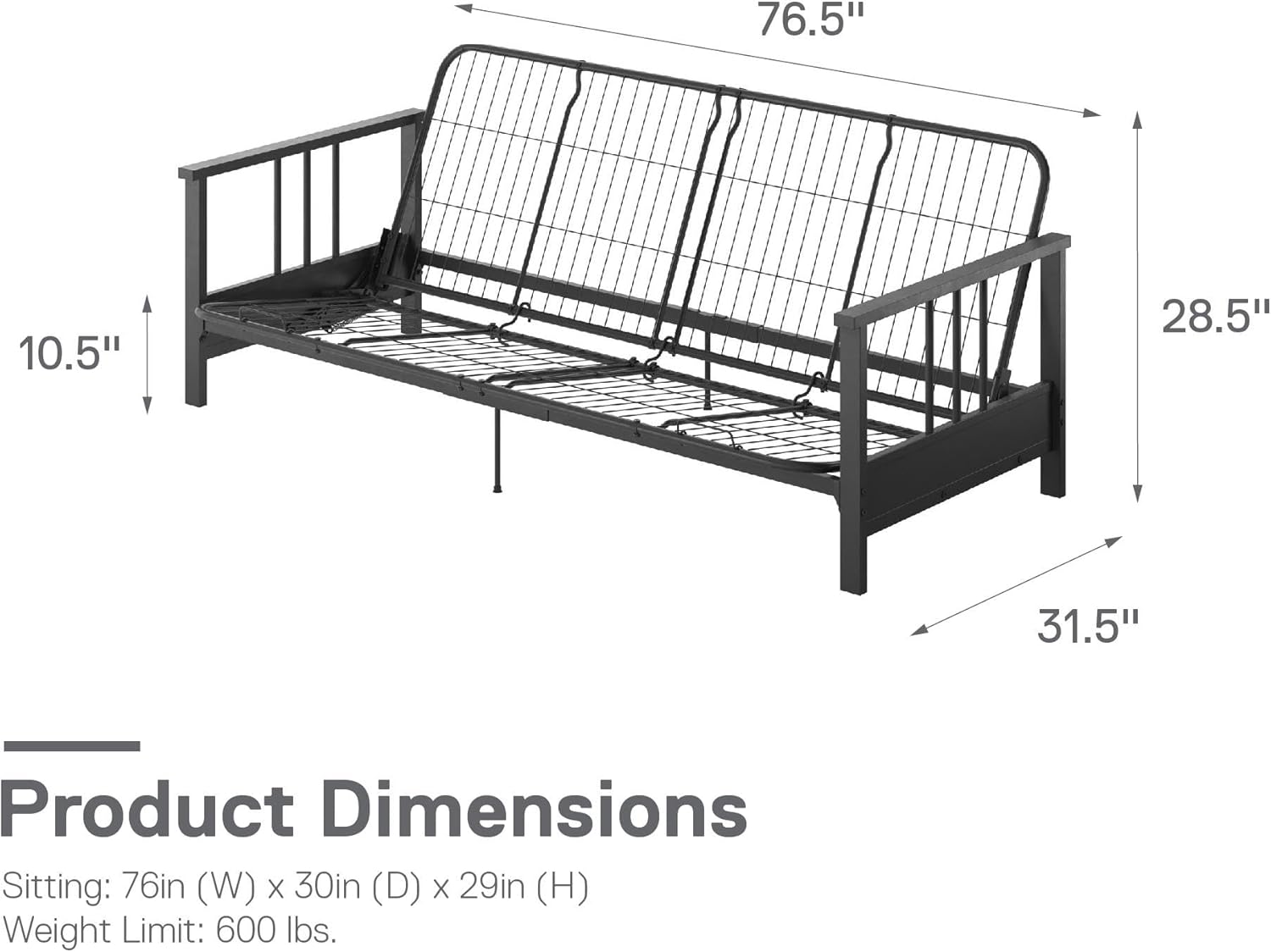 REALROOMS Bretta Contemporary Black Metal Arm Futon Frame D627