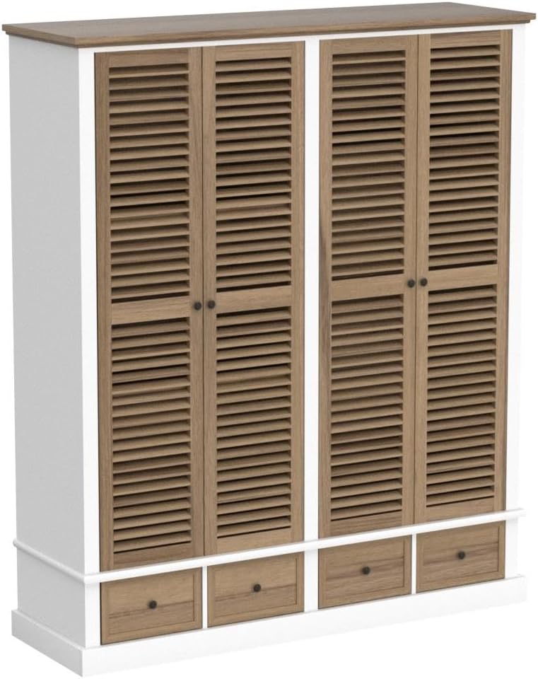ECACAD 4 Doors Wardrobe Armoire with Louver Doors, Storage Shelves, 4 Drawers & Hanging Rod, Brown & White K855323