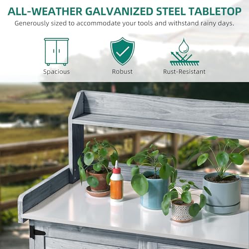 YITAHOME Solid Wood Potting Bench Table with Folding Pallet and Metal Tabletop, Grey Y7623