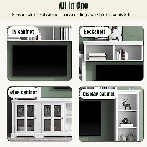Modern 104" TV Stand with Storage Cabinets and Shelves, White M810