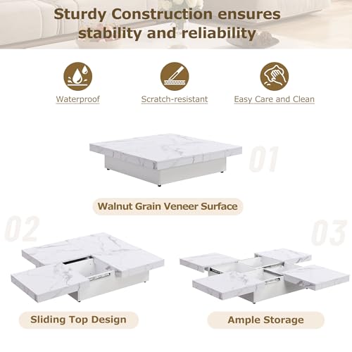 Square Coffee Table 39.4" Marble Veneer Sliding Top with Storage Z7756