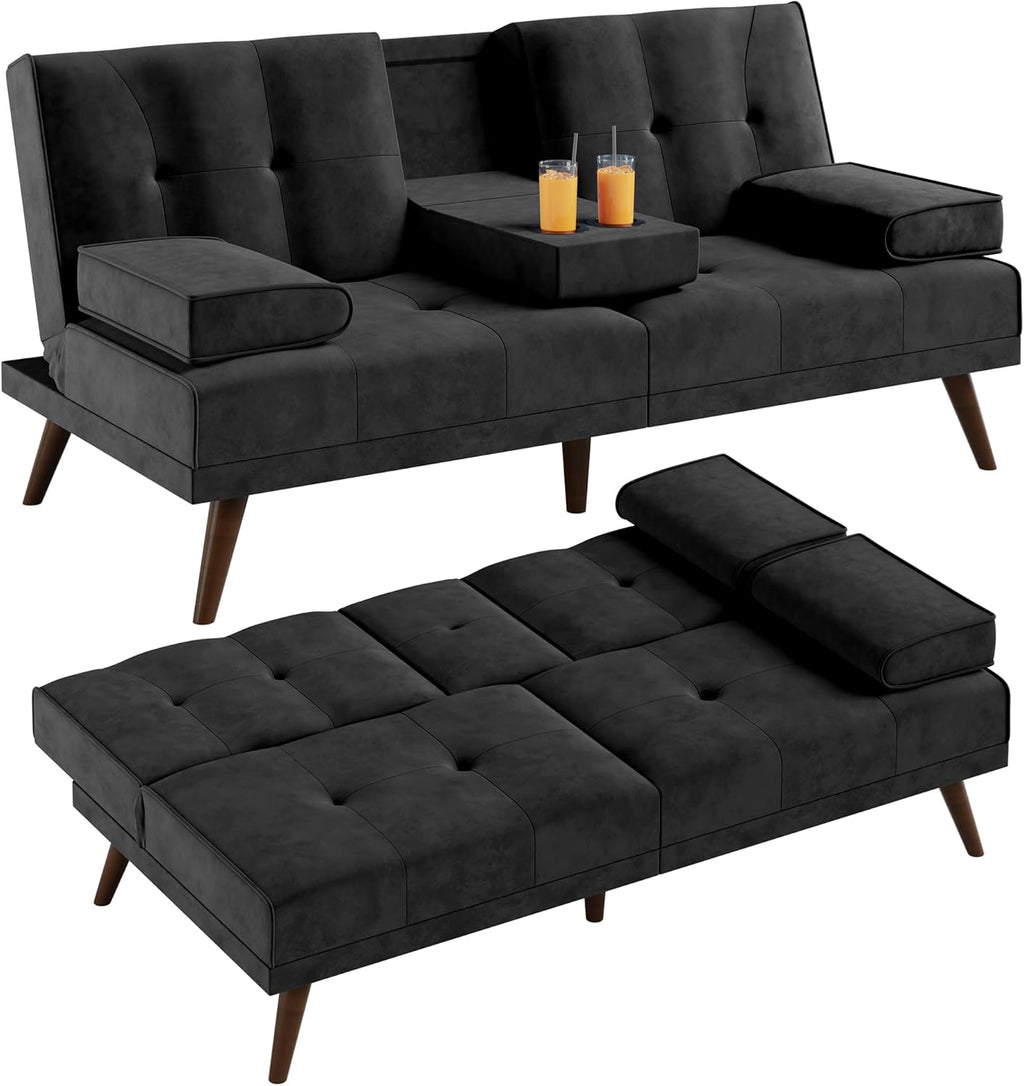 Shintenchi 60" Small Loveseat, 3 in 1 Cute Convertible Sofa Bed, Modern Futon Recliner Sleeper w/2 Cup Holder, Upholstered Folding Couch for Small Space, Black
