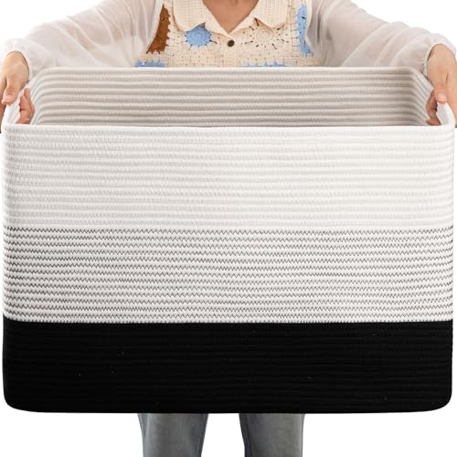 OIAHOMY Large Rectangle Woven Blanket Basket with Handle, Gradient Blue B58762