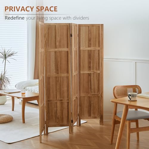 Wood Room Divider 4 Panel, 5.6 FT Tall Folding Privacy Screen, Retro White K4688