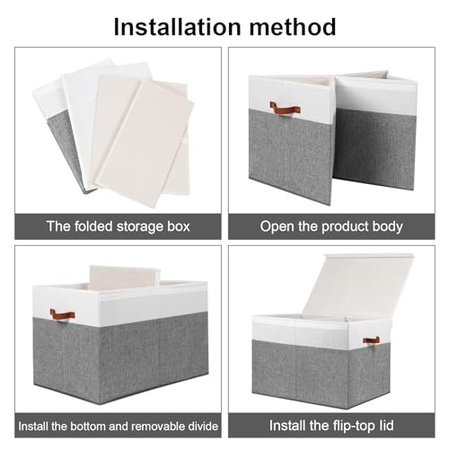 Large Toy Storage Box with Lid and Dividers for Kids, Beige and White X95078